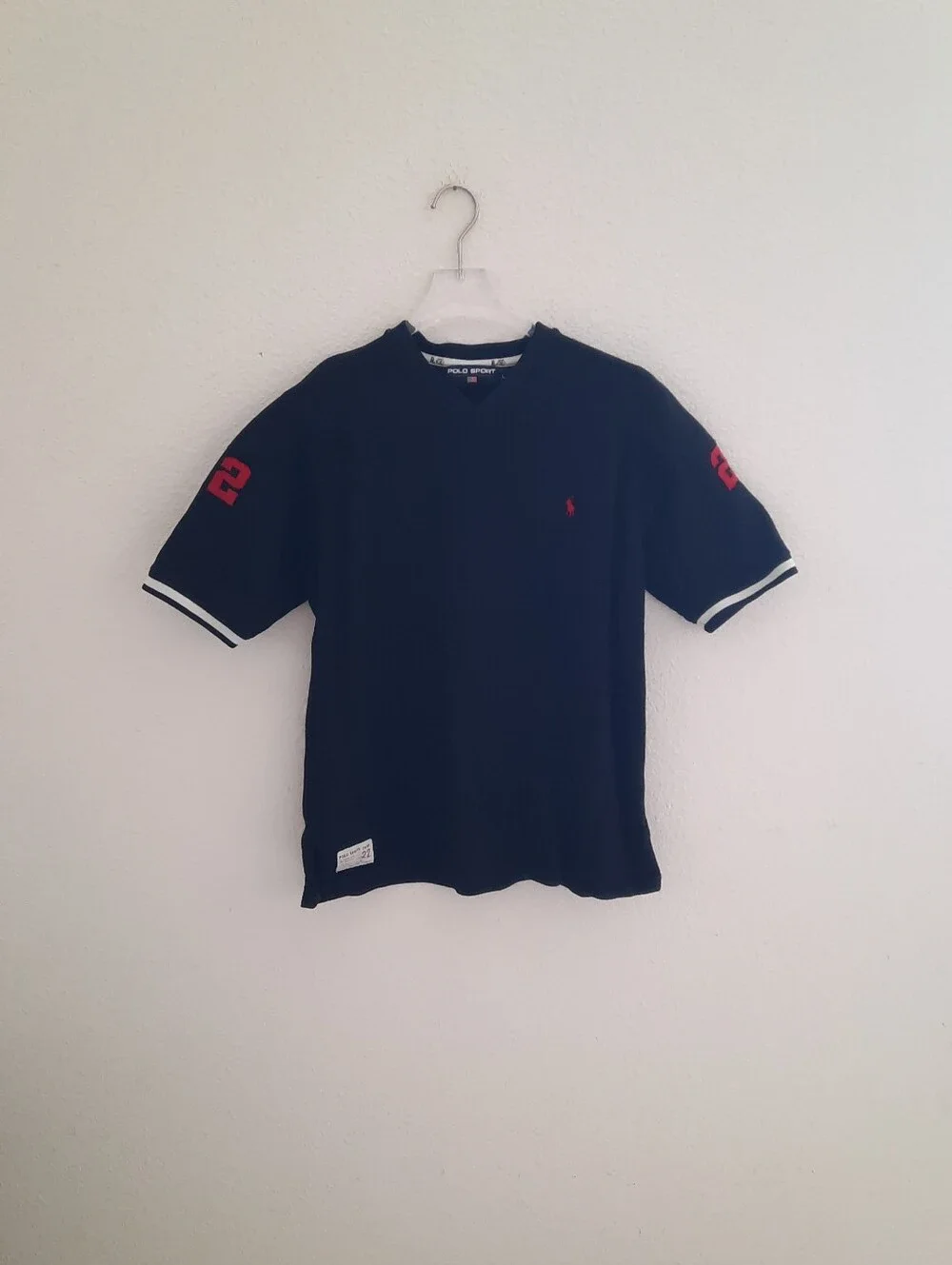 Ralph Lauren Polo Sport Black Short Sleeve V-Neck Shirt with Red Number 22